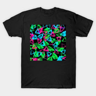 3D Green Pink Blue Triangles on Black Abstract T-Shirt